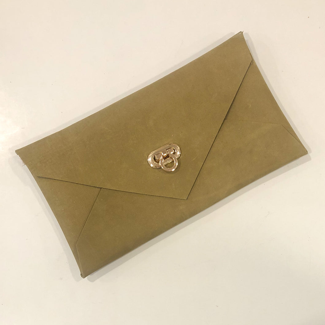 Irregular Envelope Clutch (Med.)- Olive Green Suede (Flip Clasp)