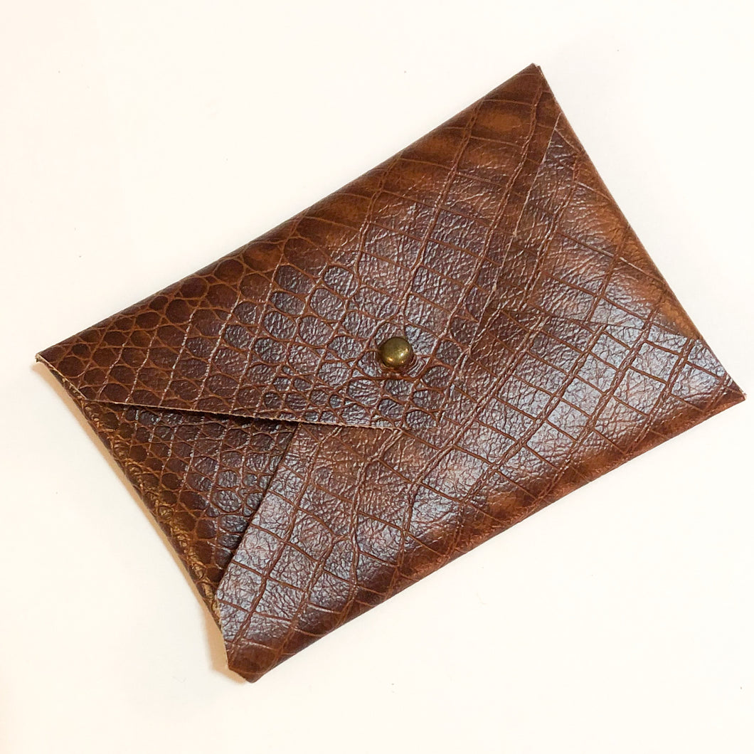 Card Holder- Croc Embossed Brown Vegan Leather